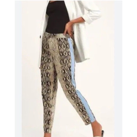 Honey Punch Brown Blue Pin Stripe Animal Print Elastic Waist Pants Women’s L NEW - Picture 1 of 7